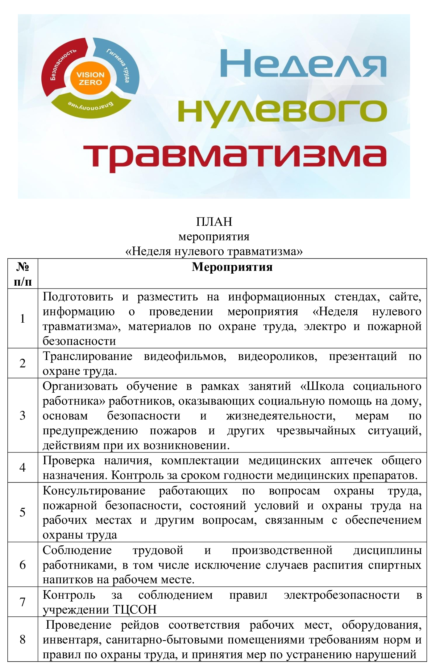 План мероприятия «Неделя нулевого травматизма»